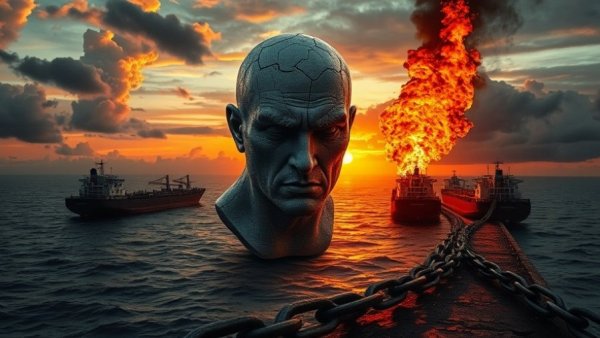 Surreal image depicting economic fallout from Iran conflict with chained tankers.