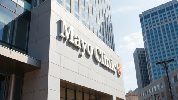 Mayo Clinic building facade with clear signage in a modern setting.
