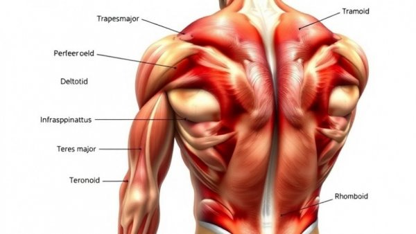 Muscular male back with highlighted muscles for machine rear delt fly.