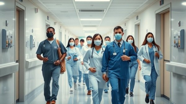 Hospital staff in corridor reflecting Hackensack Meridian Health's dynamic.
