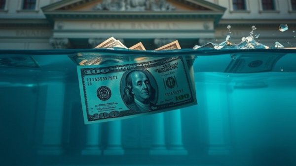Conceptual illustration of a check fraud scheme with dollar bills and a bank.