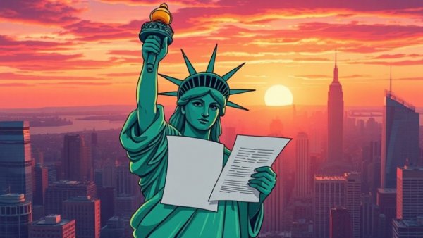 Statue of Liberty wielding legal papers over NYC skyline, New York Polymarket lawsuit.