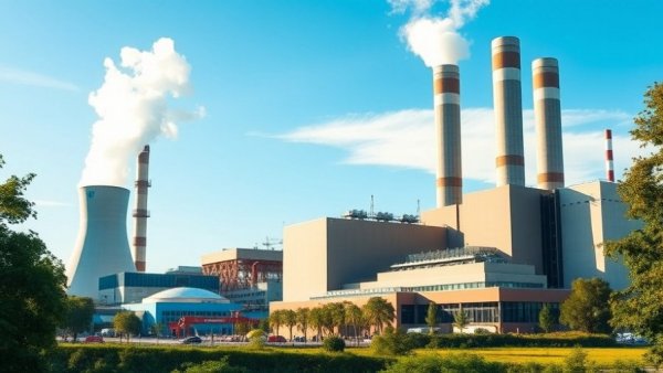 Eco-friendly waste-to-energy plant with smokestacks emitting steam