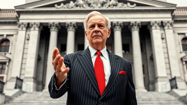 Confident man in suit in front of government building, Treasury bond market.