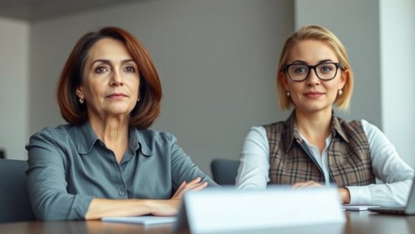 Two women in a meeting discussing topics.