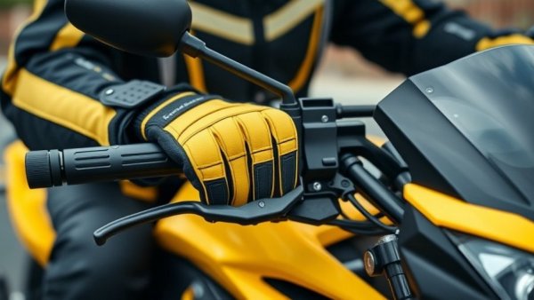 Close-up of motorcycle gear safety with detailed gloves and jacket.