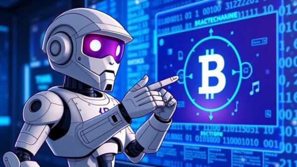 Futuristic robot discussing Bitcoin price and Treasury yields.