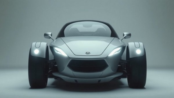 Futuristic moon buggy with bright headlights in a studio setting.