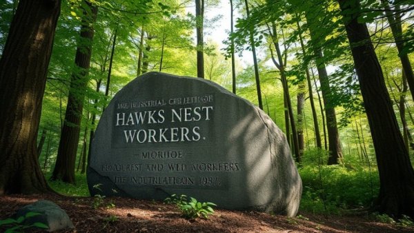 Hawks Nest Workers Memorial stone in forest highlighting black lung disease threat.