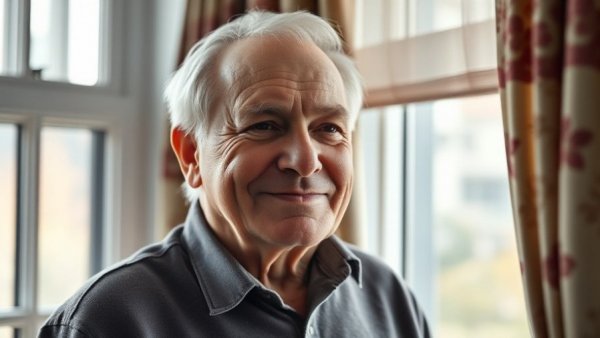 Elderly man smiling indoors, related to hunger crisis in America