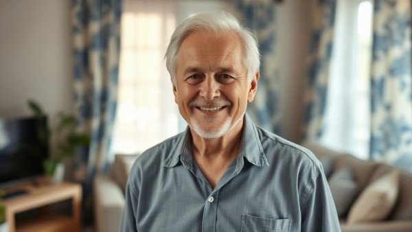 Older man smiling warmly indoors, related to food insecurity in the U.S.