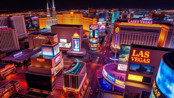 Las Vegas Strip at night with vibrant lights and bustling activity.