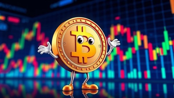 Cartoon crypto coin navigating candlestick charts, single-stock perpetual futures