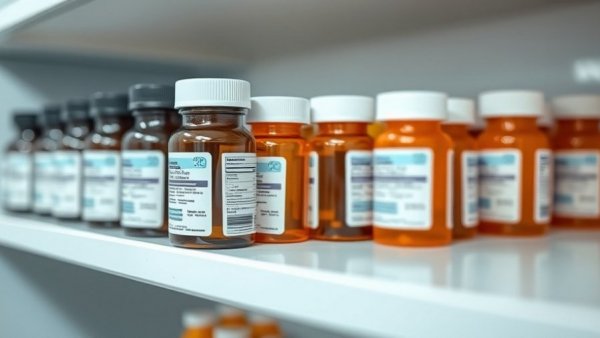 Prescription bottles lined up on a shelf, representing 340B hospitals charity care spending.