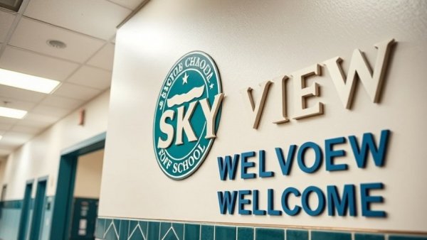 Skyview High School emblem and welcome sign in a school hallway.