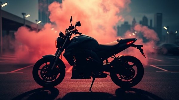 BMW F 450 R silhouette in dramatic red lighting.
