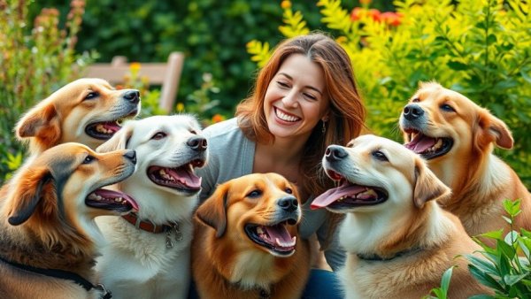 Joyful pet sitter with dogs in a garden, showcasing pet-sitting business opportunities.