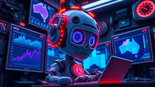 Cartoon AI character hacking health data in Australia.