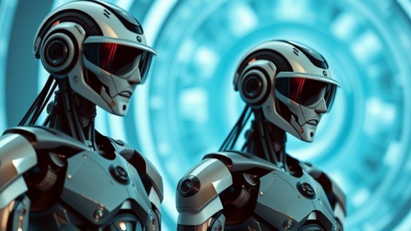Futuristic robots with reflective visors, abstract background.