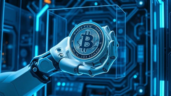 Futuristic AI safety platform with robot arm holding digital coin
