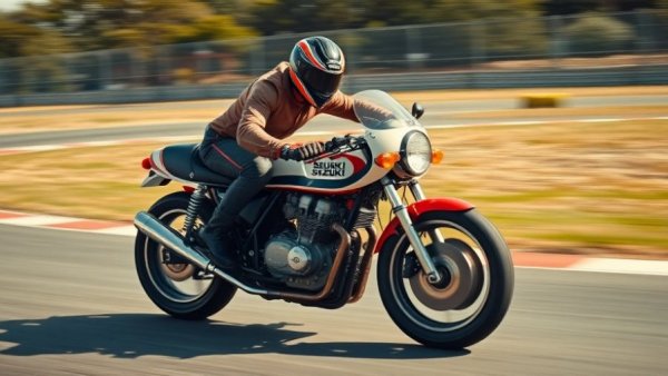 Motorcycle racer on Suzuki RG500 speeding on racetrack