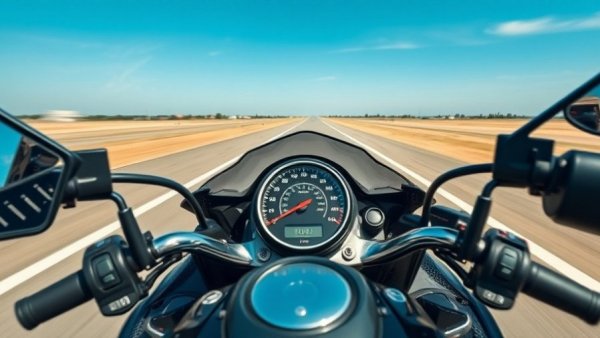 Motorcycle cockpit view showing high speed on open runway.