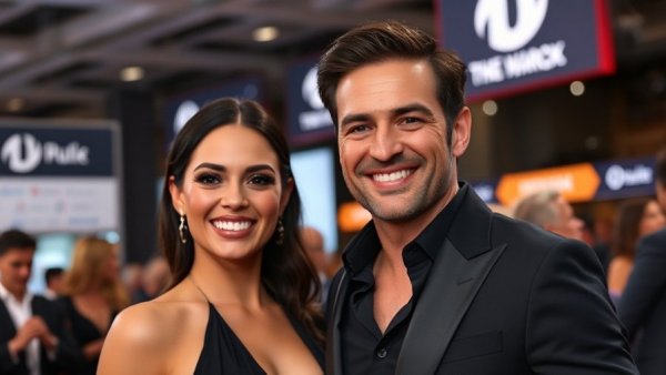 Stylish couple smiling at event in black attire