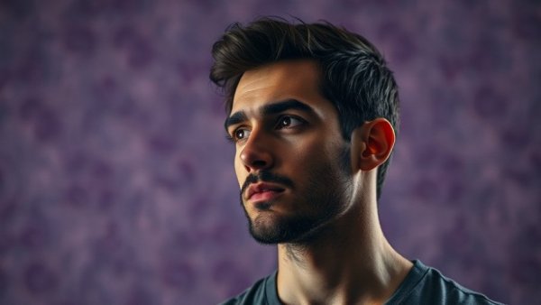 Contemplative man with purple background symbolizing AI reflection