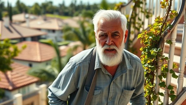 Older man concerned on outdoor stairs with vines, sunny day