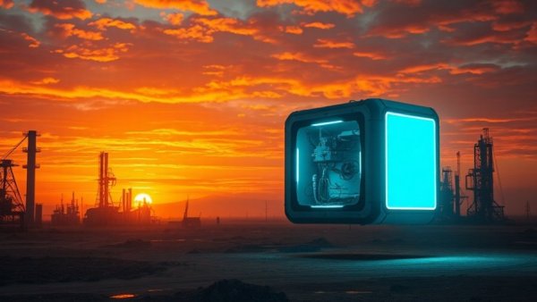 AI-driven abundance depicted with a glowing cube over a barren land.