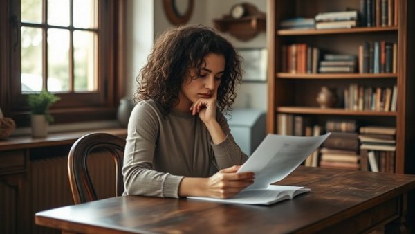 Woman reviewing emergency room billing document at home