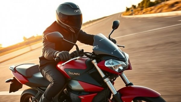 Motorcyclist in Cardo helmet riding Triumph motorcycle on open road.