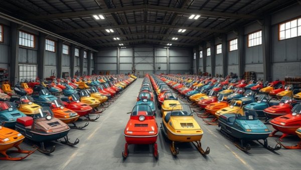 Warehouse filled with vintage snowmobiles, linked to Ponzi scheme.