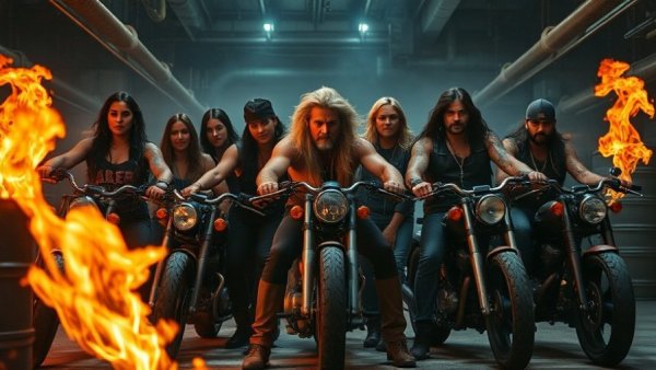 Biker group posing with a fiery industrial background.