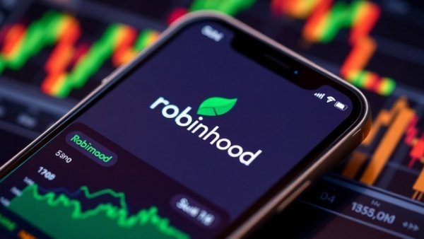 Robinhood app on phone with digital finance and stock graphs in background.