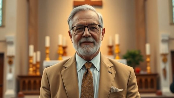 Distinguished older man in suit by church altar with cross.