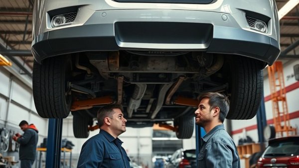 Mechanics under car discussing repairs in auto shop for September Jobs Report.