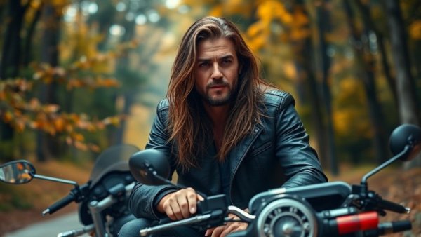 Man wearing motorcycle safety gear in forest setting