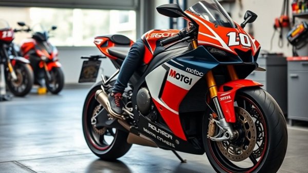 Sleek MotoGP 850cc bike being tuned, highlighting performance features.