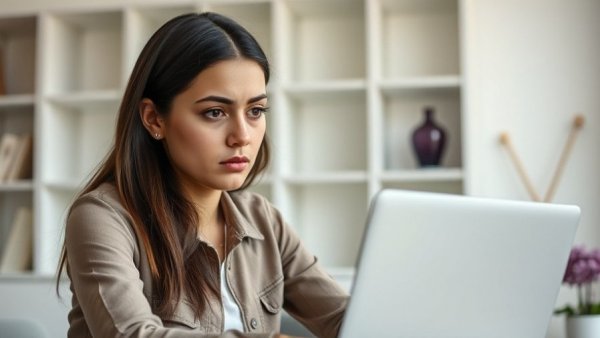 Young woman addressing workplace attire complaints at desk.