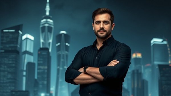 Futuristic cityscape with confident man, tokenization theme.