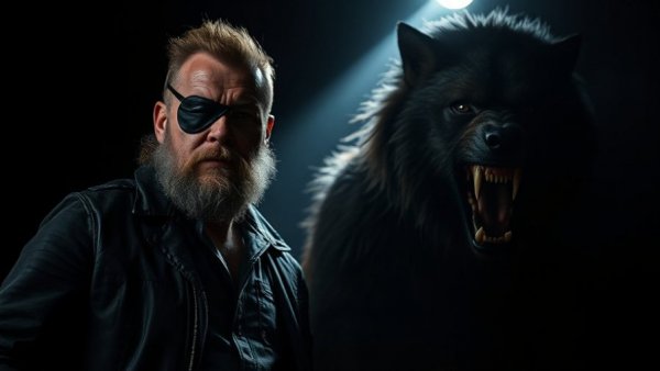 Grizzled biker and werewolf in campy horror film standoff