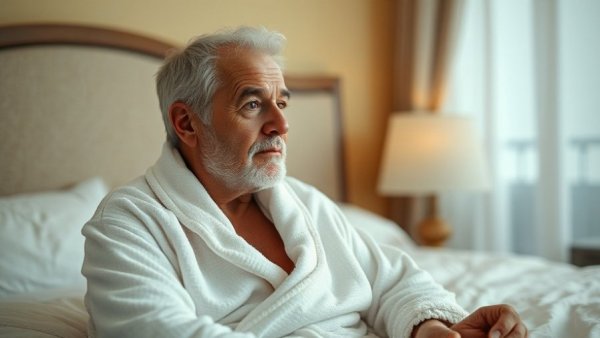 Thoughtful man contemplating retirement savings sharing in cozy bedroom.