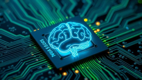 Microchip with AI brain illustration and glowing neural connections, IBM AI and Quantum Computing Collaborations