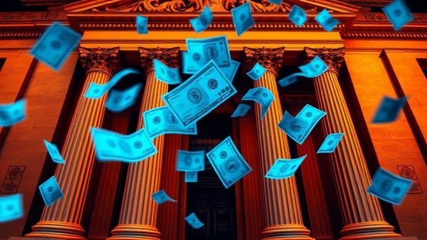 Dynamic depiction of bank fraud implications for crypto traders with money swirling in front of bank.