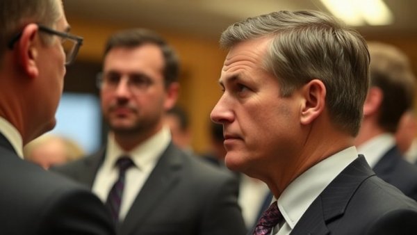 Two businessmen in conversation during a formal event.