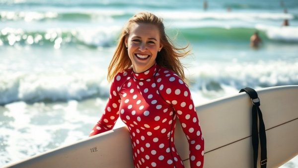 Cheerful woman on beach with surfboard, Wealth and Relationships.