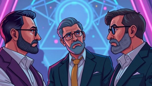 Futuristic cartoon of men discussing Bitcoin prediction and future tech.