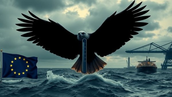 Energy crisis with oil tanker, EU flag, eagle, and economic graph.