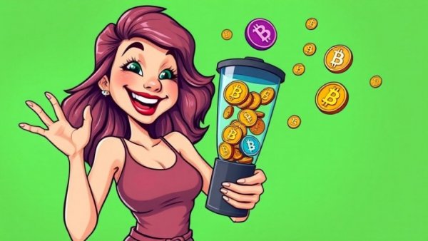 Colorful crypto mixing with a smiling woman and blender symbols